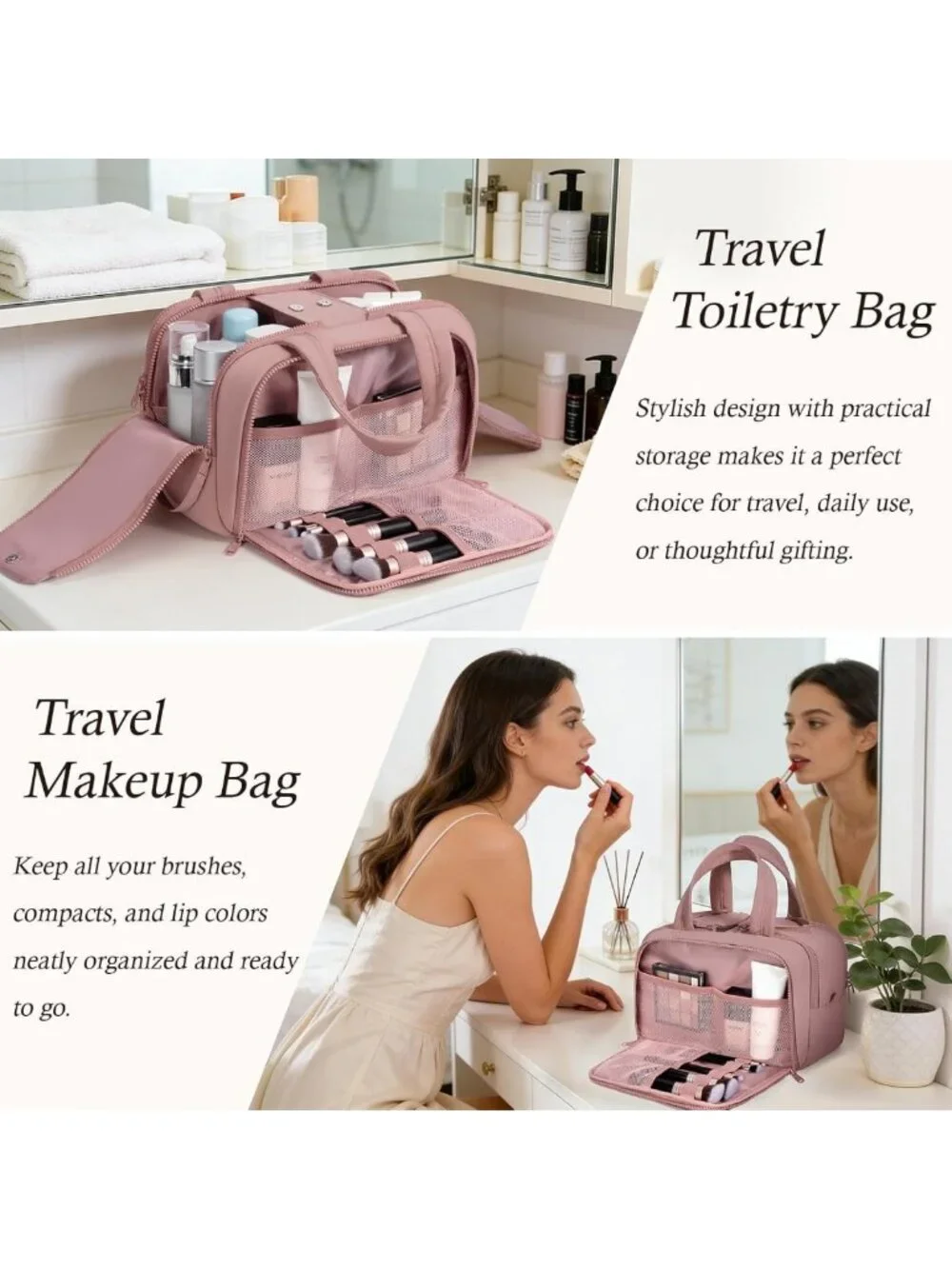 Large Wide-Open Travel Toiletry & Makeup Bag for Women - Dark Pink Organizer